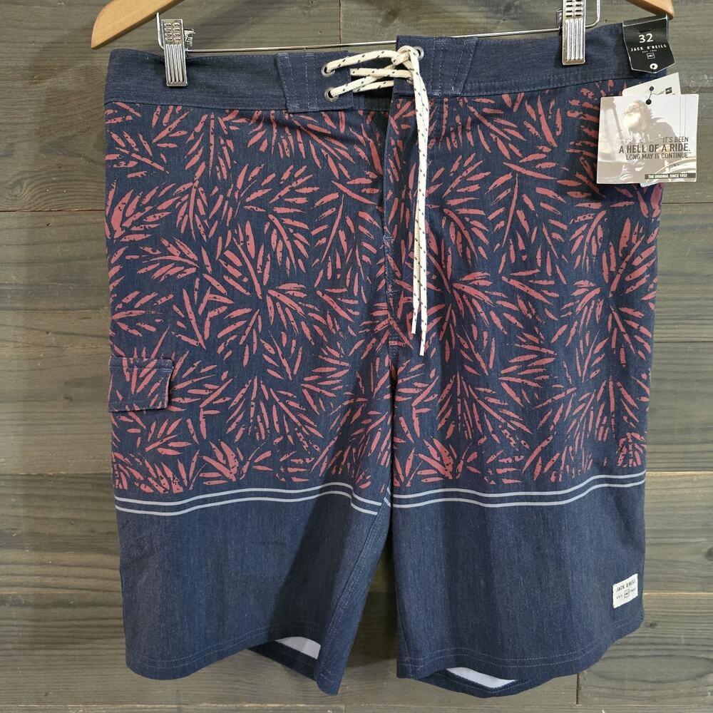Jack O'Neill Board Shorts Men's 32 Navy Red Coral Print Surf Swim Trunks NWT